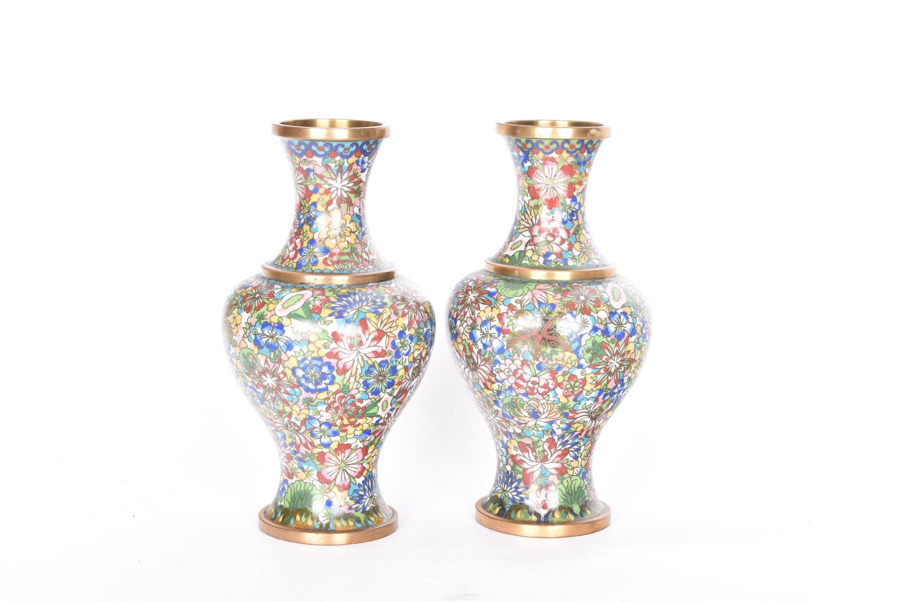 Pair of cloisonne vases of baluster form, decorated with flowers, H16cm