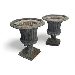 Pair of 19th century lead Campana shaped garden urns, egg and dart moulded rim, tapered fluted body over gadrooned underbelly, tapered and fluted foot on moulded square base 