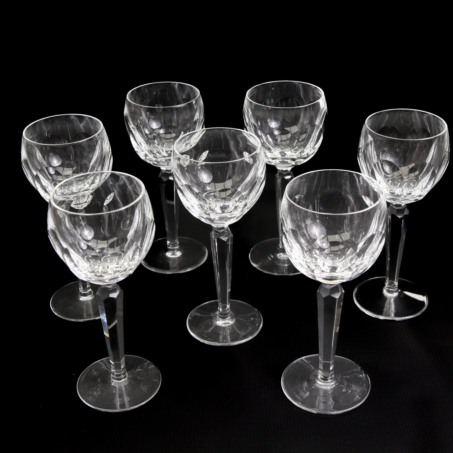 Seven Waterford 'Sheila' pattern hock glasses with facet cut stems