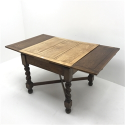 Early 20th century oak barley twist drawer leaf dining table, W88cm, D88cm, H89cm