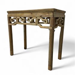 Chinese Ming design elm side table, rectangular top over shaped frieze rails, on square su...