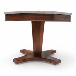 Mid-to-late 20th century marble and cherry wood specimen centre table, octagonal form, the top inlaid with various variegated marble squares within outer band, tapered octagonal pedestal on moulded platform with castors 