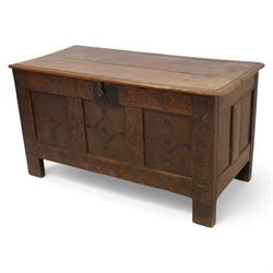 18th century oak blanket box, moulded rectangular hinged lid over three panel front, carve...