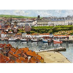 Peter Lapish (British 1937-): 'Fish Pier and West Town Whitby', acrylic on paper signed, titled verso 27cm x 37cm