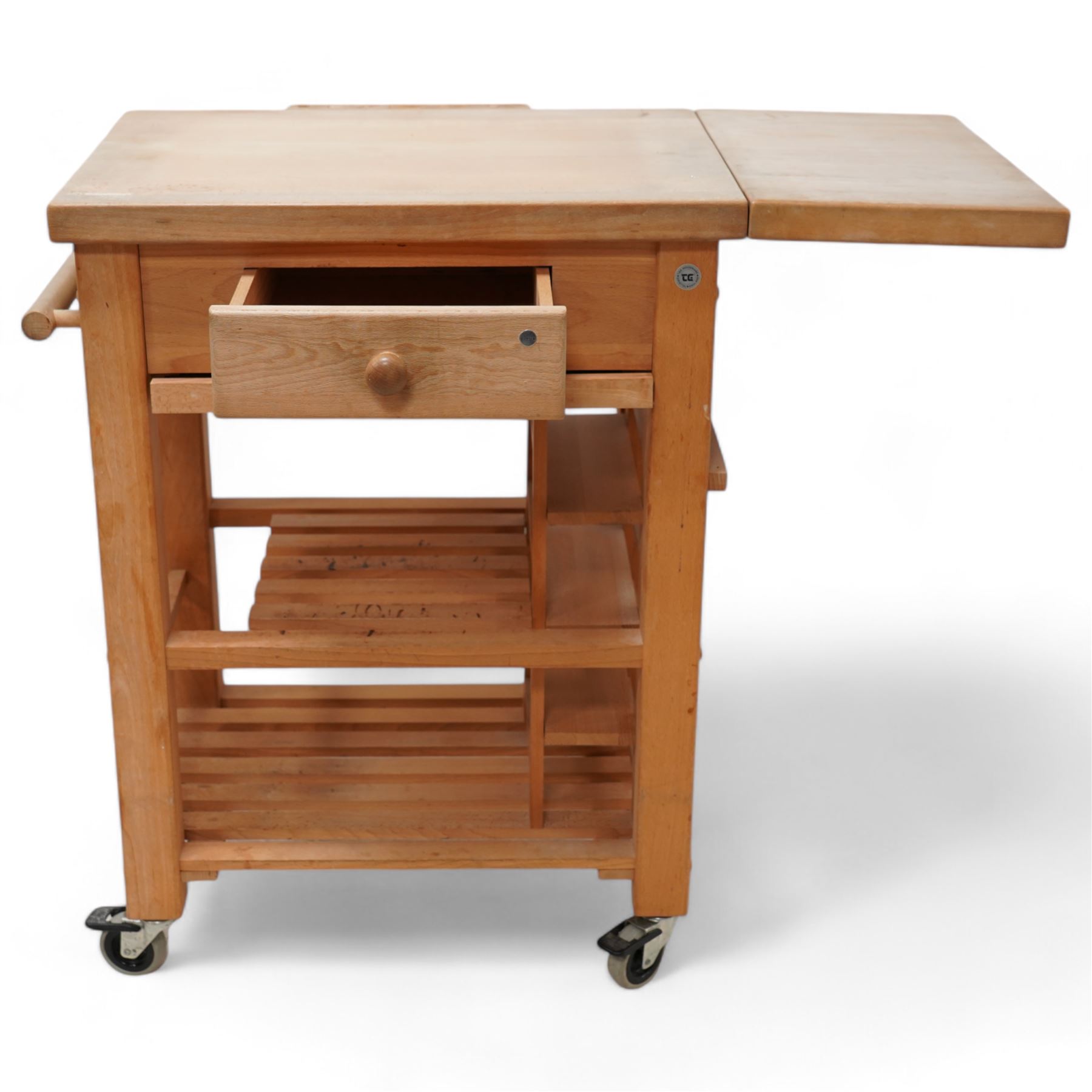 Late 20th century beech kitchen preparation trolley, rectangular drop-leaf butcher's block top, fitted with single drawer and knife slots, over two slatted tiers, on castors