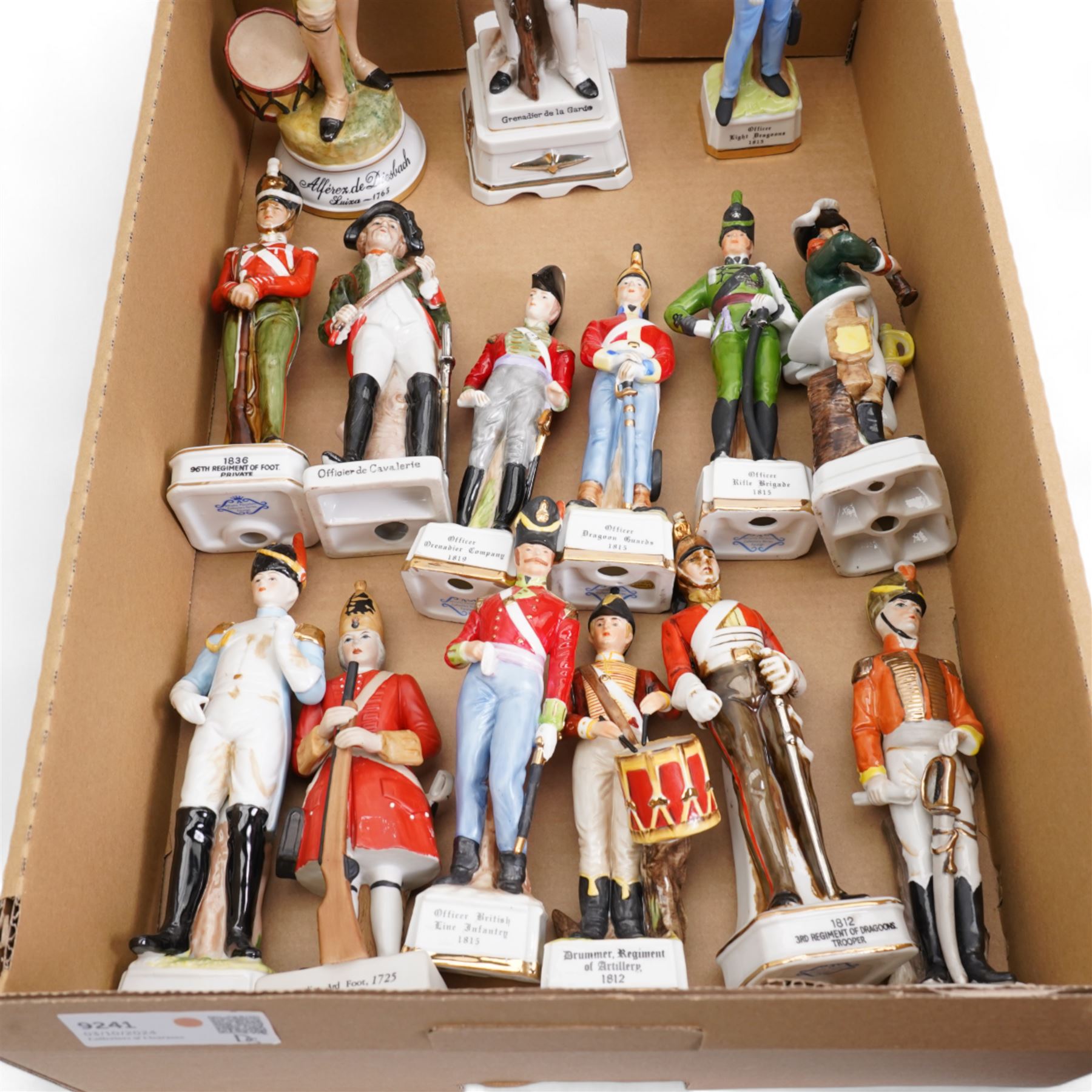 Collection of continental porcelain and bisque military figures in one box