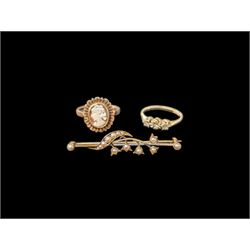 Gold jewellery, including 9ct gold three stone diamond chip ring, 9ct gold cameo ring and ...