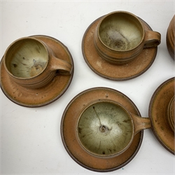 Glynn Hugo (b.1934), a studio pottery teaset, comprising tea pot, milk jug, six teacups, and six saucers. 