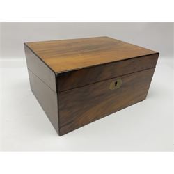 19th century walnut writing slope, the hinged lid with inlaid cartouche opening to reveal black gilt tooled leather slope and pen storage, H15cm, L30cm