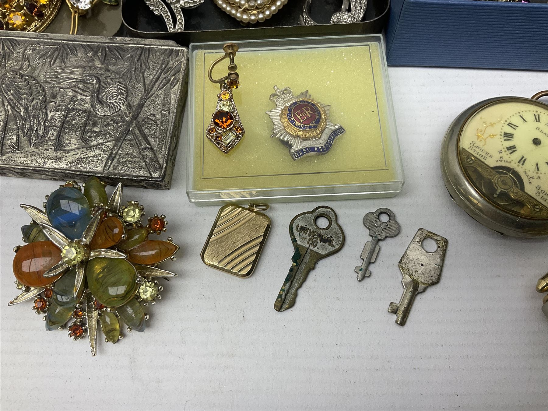 Silver jewellery, including ingot pendant, cameo ring and earrings and bracelet, together with a collection of costume brooches and necklaces, and two pocket watches