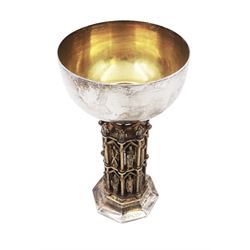 Modern limited edition silver goblet, 'made by order of The Dean and Chapter for the celebration of the eighth centenary of Wells Cathedral in 1982', designed by Hector Miller for Aurum, the plain circular bowl with parcel gilt interior, upon an ornate figural parcel gilt stem and an octagonal foot, no. 80/800, hallmarked Hector Miller, London 1982, H17cm