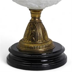 19th/ early 20th century brass oil lamp with opaque glass reservoir and black base, H54cm