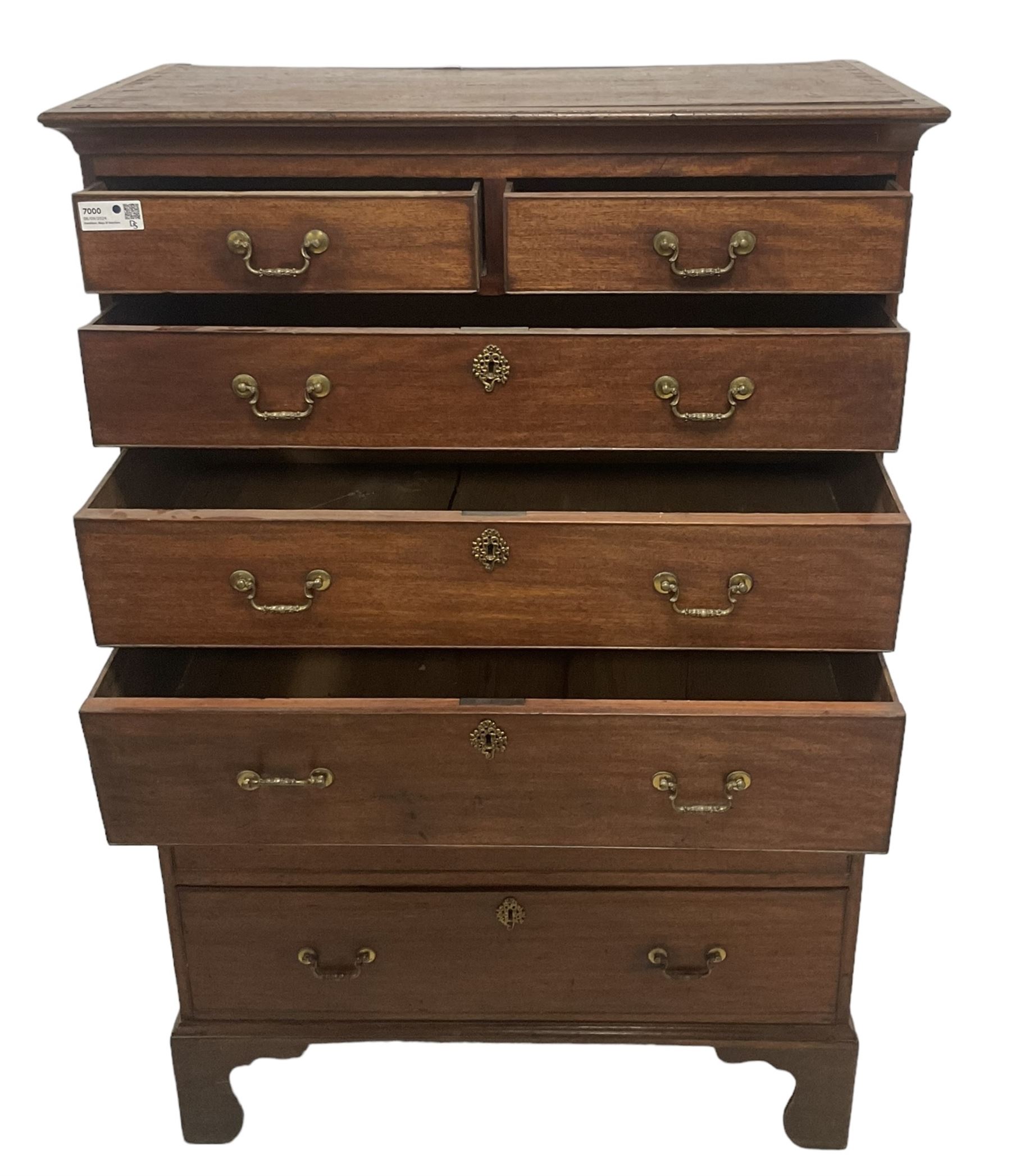 George III mahogany chest-on-chest, projecting cornice over two short and five long graduating cock-beaded drawers, each fitted with original brass swan neck handles, raised on bracket feet