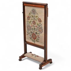 Early to mid-19th century rosewood fire screen, lift-up needle work panel decorated with s...