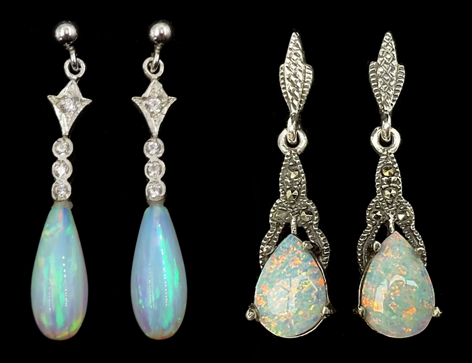 Pair of silver opal and marcasite pendant stud earrings and a pair of silver opal and cubic zirconia pendant stud earrings