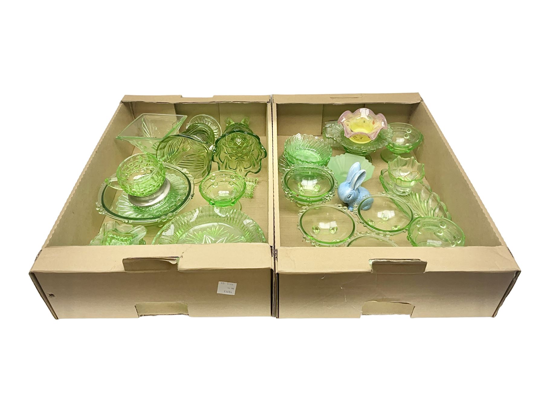 Art Deco green glass ware, including jugs, vases, bowls etc, together with a small blue Sylvac rabbit