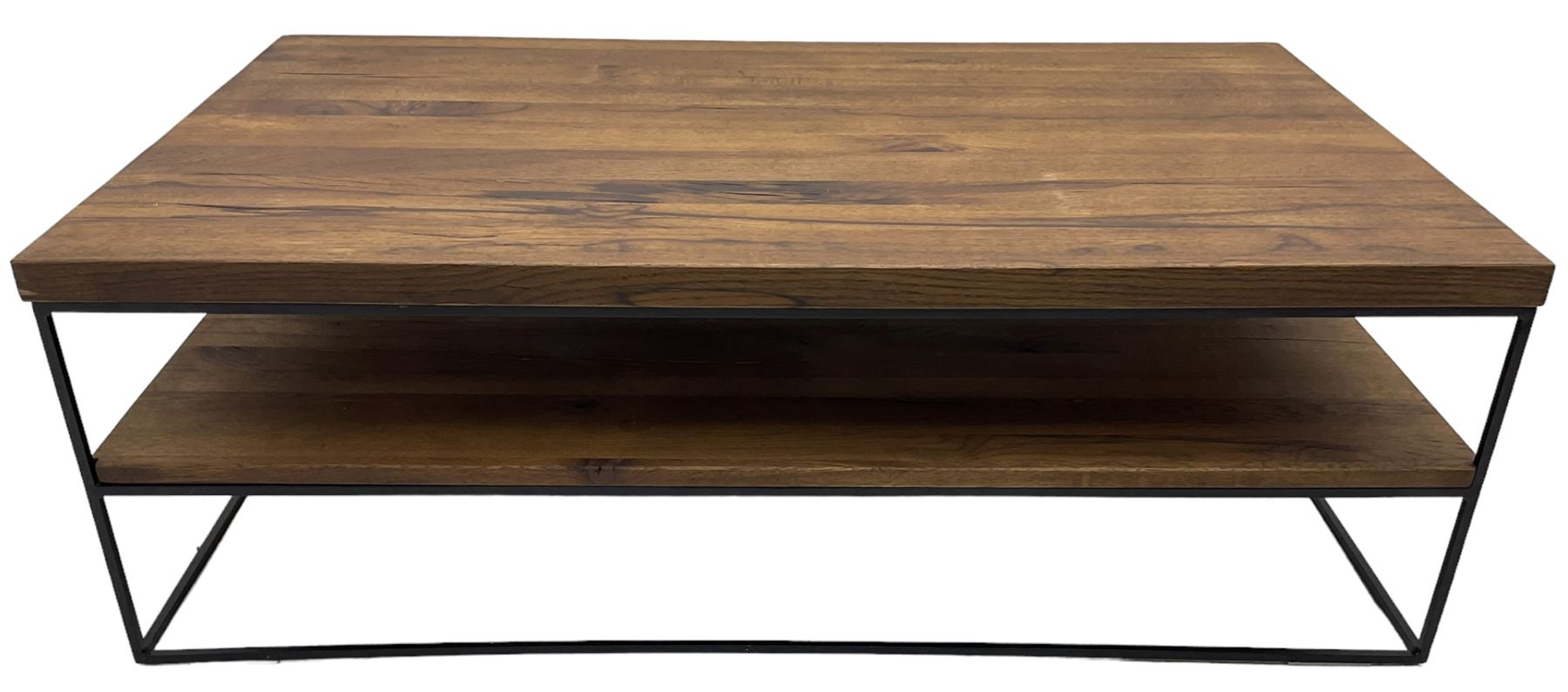 Samba oak coffee table, rectangular top over undertier storage, applied mid-tone finish, supported by black metal frame