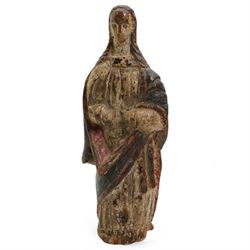 18th Century limewood figure of a saint dressed in flowing robes with polychrome decoration, probably Spanish H24cm