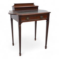 Edwardian mahogany writing desk, raised hinged compartment fitted with divisions, shaped a...