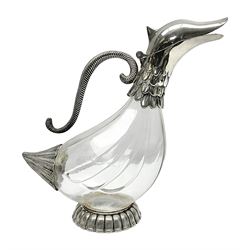 Silea silver plate mounted glass claret jug, in the form of a duck, with makers mark beneath, H26cm