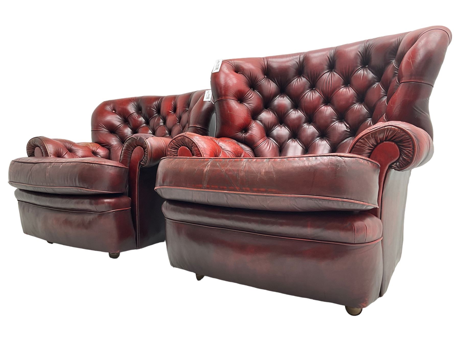 Wade - pair of Georgian design armchairs, high curved back and scrolled arms upholstered in deep buttoned oxblood 'Pegasus' leather, on castors