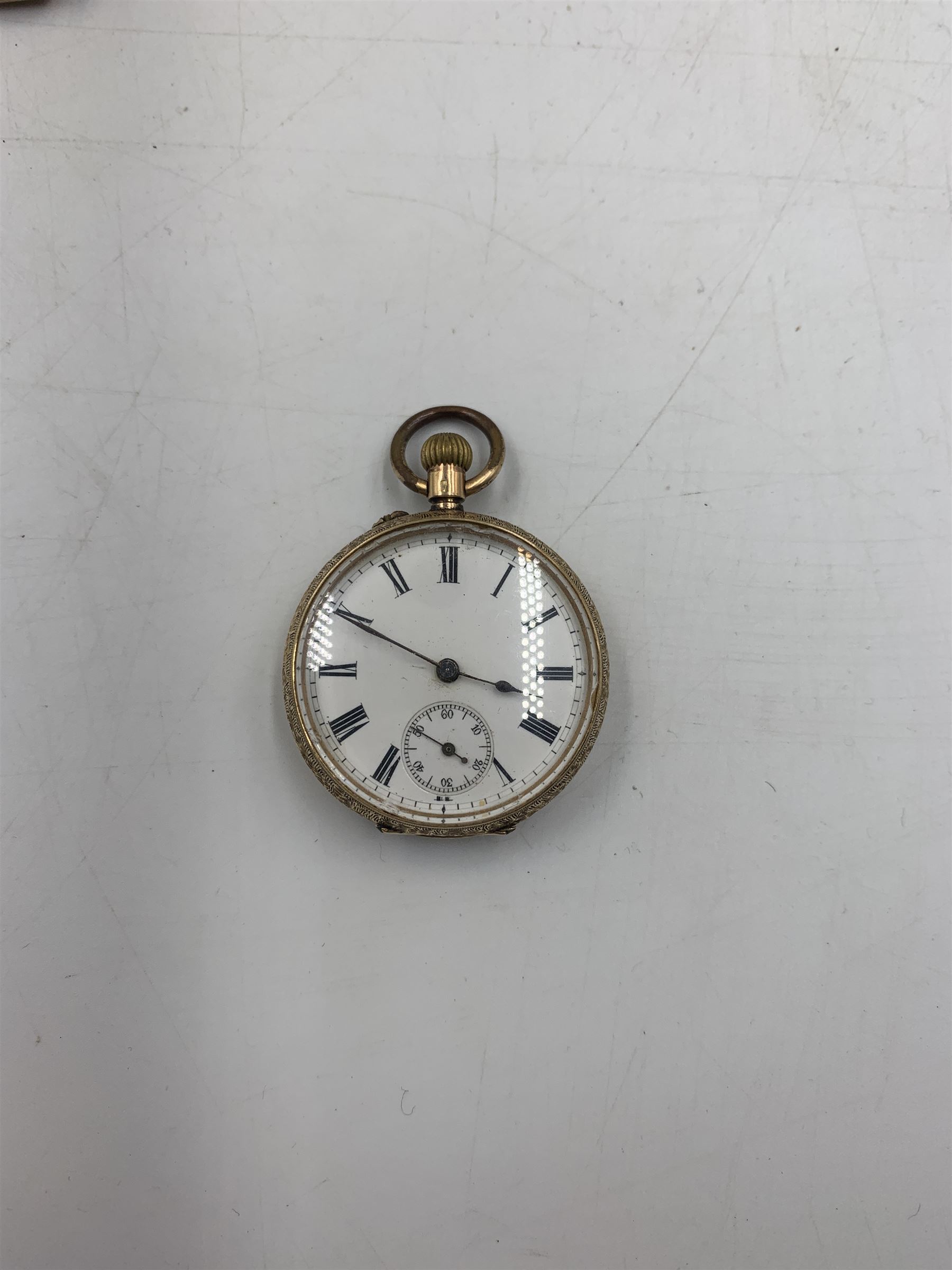 Early 20th century keyless fob watch, white enamelled dial with Roman numerals and subsidiary seconds dial, outer case stamped 14K, 9ct gold cased Rite-Tyme mechanical wristwatch, on a gilt stainless steel bracelet, a ladies 9ct gold cased mechanical movement wristwatch, with blue enameled case, on a rolled gold bracelet strap, ladies 9ct gold mechanical movement wristwatch on an expanding bracelet strap stamped 9ct and another 9ct gold cased mechanical movement wristwatch, together ladies Rotary 9ct gold cased mechanical wristwatch and ladies Bulova rolled gold mechanical wristwatch (lacking straps)