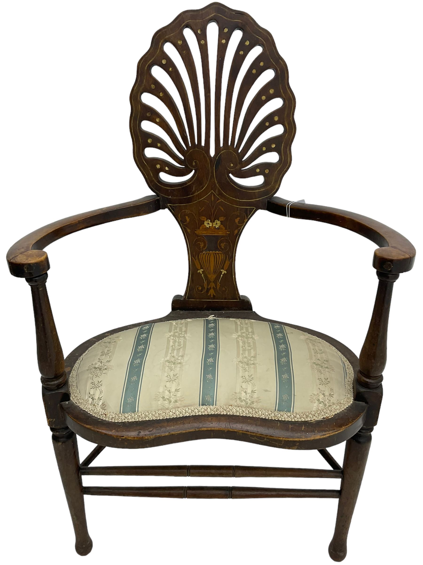 Edwardian mahogany framed chair, pierced shell back inlaid with scrolled stringing, curved arms with scrolled terminals over kidney-shaped upholstered seat, on turned supports united by swell turned stretchers 