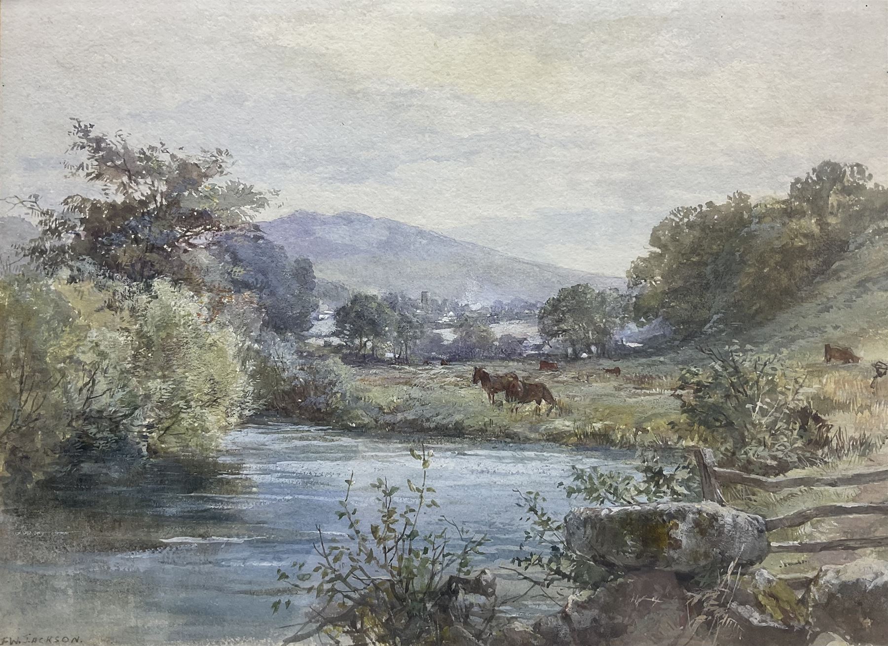 English School (Late 19th century): Horses Grazing on the Riverside, watercolour bearing signature 'FW Jackson' 24cm x 33cm 
Notes: although very uncharacteristic of his style, this could possibly be a very early work by Staithes Group artist Frederic William Jackson (Staithes Group 1859-1918).