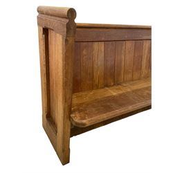 19th century oak church pew or hall bench, moulded cresting rail over panelled back and plank seat, on panelled end supports with chamfered frames