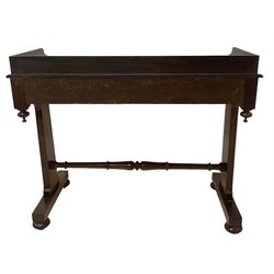 Victorian mahogany washstand, three-quarter raised gallery back, rectangular top with over two drawers, on shaped end supports united by ring-turned stretcher