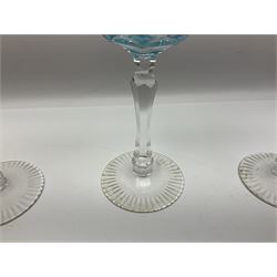 Set of six Harlequin coloured glass hock glasses, each with a band of hobnail decoration, upon faceted stems, H19.5cm