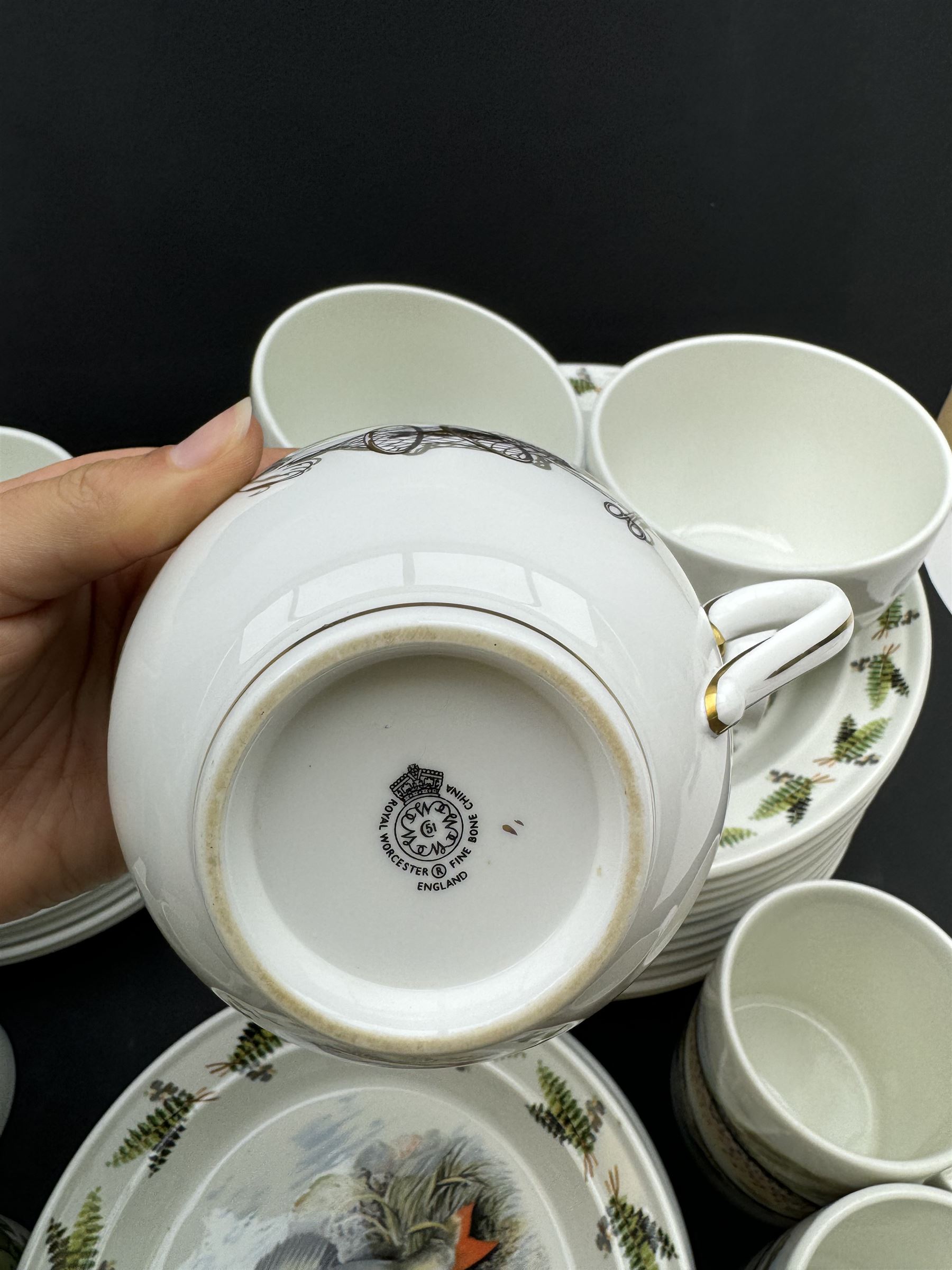 Portmeirion Complete Angler part tea and dinner service, including eleven dinner plates, five bowls, seven mugs etc together with two Royal Worcester cups and saucers