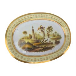 Early 19th century Ridgway twin handled oval dish, hand painted with figures in a river landscape, within a cobalt blue and moulded border, L30cm together with a similar twin handled serving dish, L28cm (2)