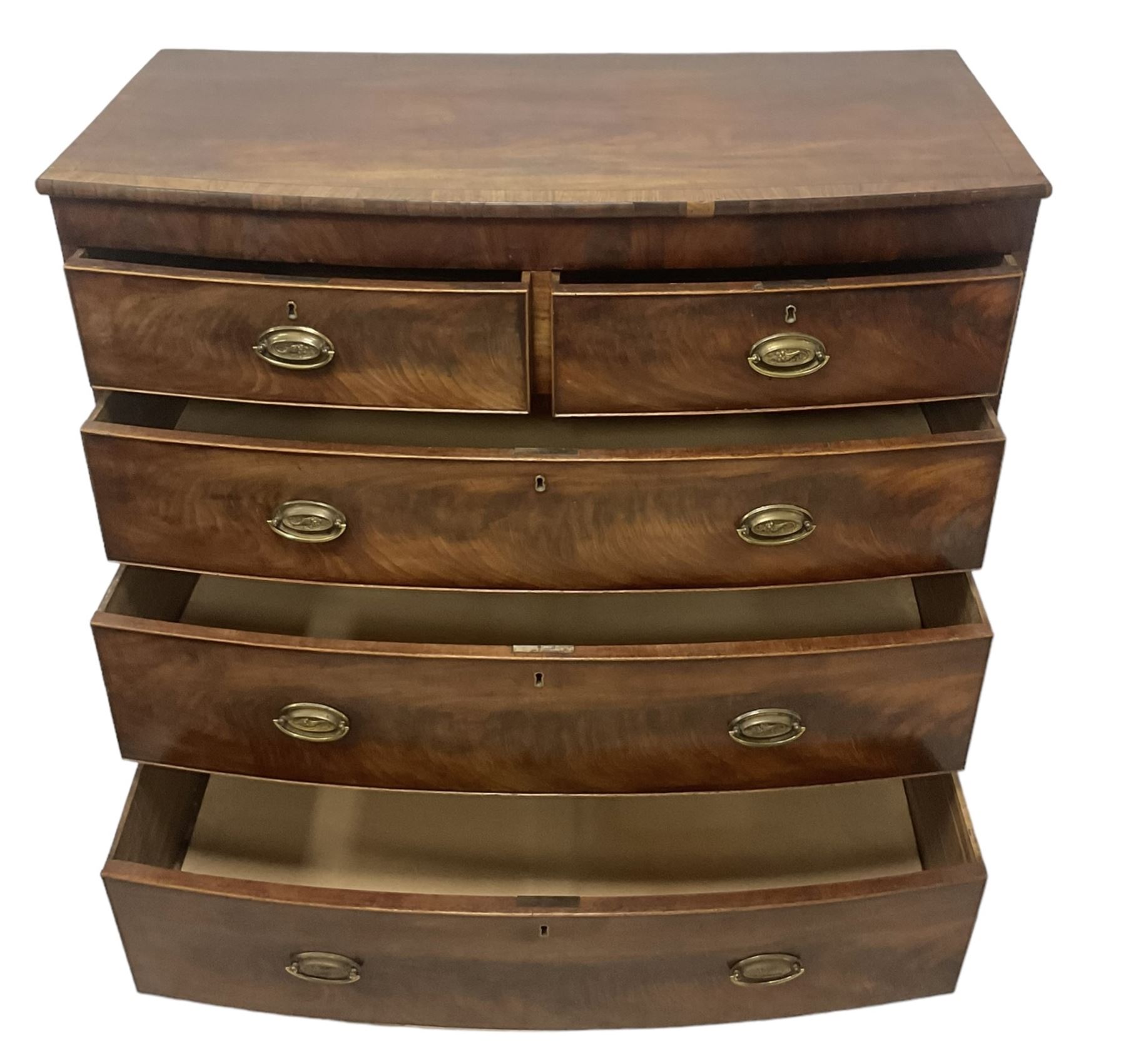 George III mahogany bow-front chest, fitted with two short over three long graduating cock-beaded drawers, on compressed bun feet