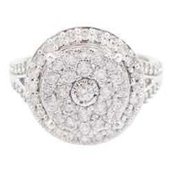 White gold round brilliant cut diamond circular cluster ring, hallmarked 9ct, total diamond weight approx 1.00 carat