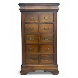 French cherry wood pedestal chest, rectangular moulded cornice over a bank of six drawers ...