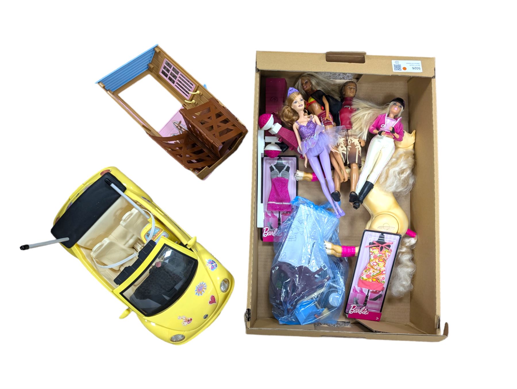 Collection of Barbie dolls, clothes, horse, stable and accessories, including, together with a Mattel Barbie yellow Volkswagen Beetle, with mobile phone remote control