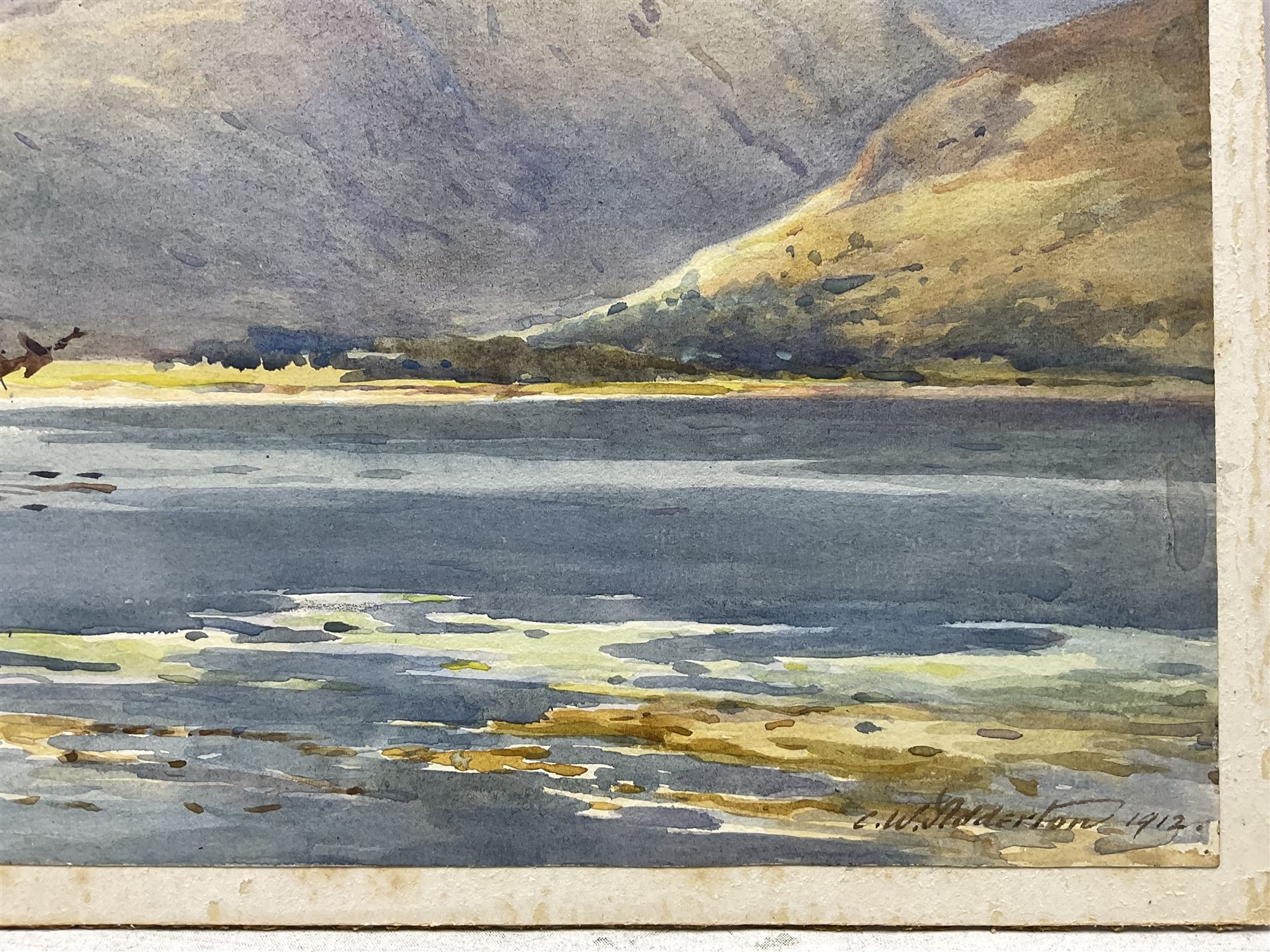 Charles William Adderton (British 1866-1944): 'Ben Nevis from Fort William', watercolour signed and dated 1912, titled verso 31cm x 47cm (unframed)
Provenance: direct from the family of the artist Harry Wanless 1872-1934, part of a collection never previously seen on the market
Notes: Adderton was a friend of the brothers Harry and Charles Wanless, all of whom studied under Albert Strange at the Scarborough School of Art School. Adderton had a studio at 55 Sandside, Scarborough between 1894 and 1901, he moved to Ockbrook Derby and later to Robin Hoods Bay where he was a member of the Fylingdales Group of Artists