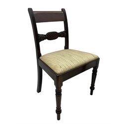 Georgian design set of six (6+2) mahogany dining chairs, the bar cresting rail inlaid with figured mahogany panel, shaped twist lobe carved middle rail with extending stylised leaf decoration, upholstered drop-in seat, on turned front supports 