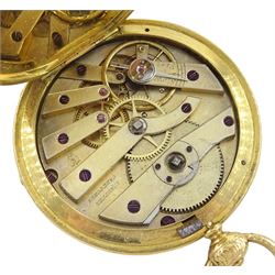 Early 20th century 18ct gold open face key wound cylinder pocket watch, gilt dial with Roman numerals, case with ornate decoration and cartouche, stamped 18K