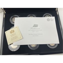 The Royal Mint United Kingdom 2012 'Britannia 25th Anniversary 1987-2012 The Silver Portrait Collection First Strikes' comprising nine half ounce fine silver Britannia coins, cased with certificate