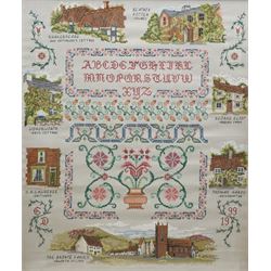 20th century needlework sampler depicting panels of famous historical author's and their h...