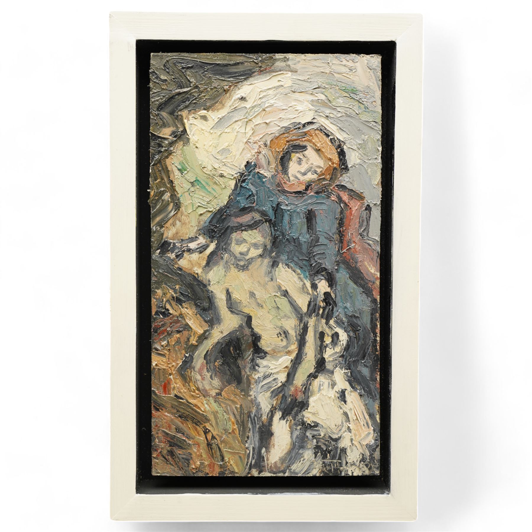 Barry De More (Yorkshire 1948-2023) after Eugène Delacroix (French 1798-1863): 'Pieta', oil and impasto on board signed, inscribed verso 32cm x 17cm