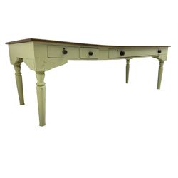 Large 20th century farmhouse style dining table, rectangular oak top on pale green painted base fitted with drawers, on turned supports