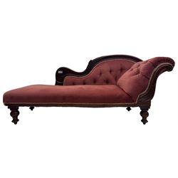 Victorian mahogany framed chaise longue, upholstered in pink velvet, the scrolled back with button-tufting, on turned feet