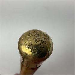 Malacca walking cane mounted with gold cap engraved J Mackillican, H93cm