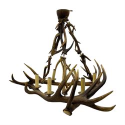 Deer antler chandelier, of square shaped form, with six fitted lights, W80cm, H62cm