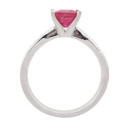 18ct white gold square cut ruby ring, with round brilliant cut diamond set shoulders, hallmarked, ruby approx 1.25 carat