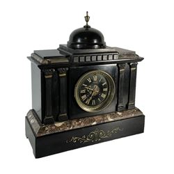 J.W. Benson of London -  8-day Belgium slate mantle clock c1880, stepped top with a central dome and brass finial, break front case with reeded columns and capitals, on a broad plinth with variegated marble and incised gilt decoration, conforming slate dial with contrasting gilt Roman numerals and brass hands, twin train striking movement, striking the hours and half-hours on a bell. With pendulum.