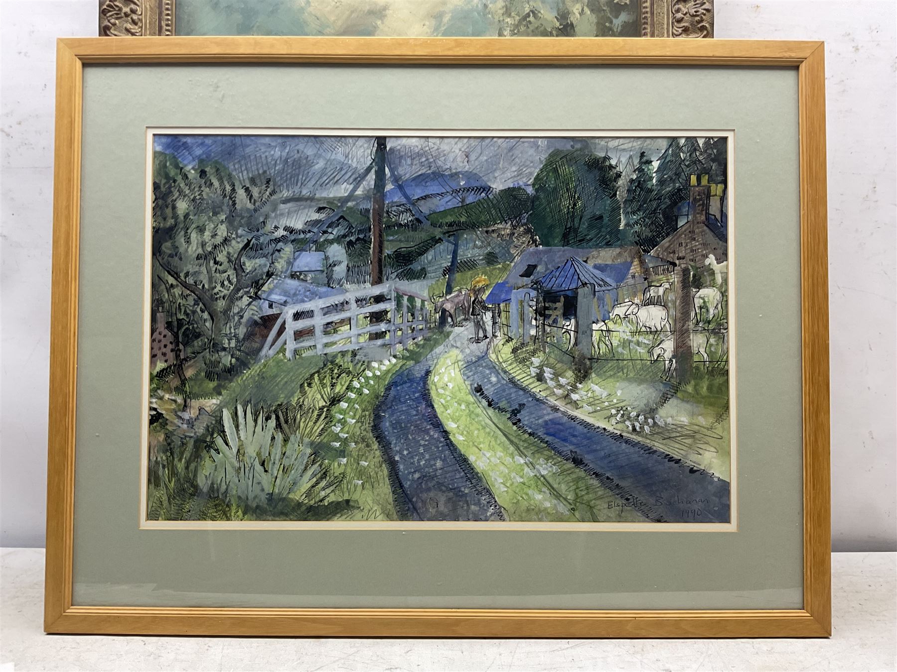 Elspeth Buchanan (Scottish 1915-2011): 'Schiehallion and a Perthshire Farm', mixed media signed and dated 1990, titled on label with artist's address verso 39cm x 58cm